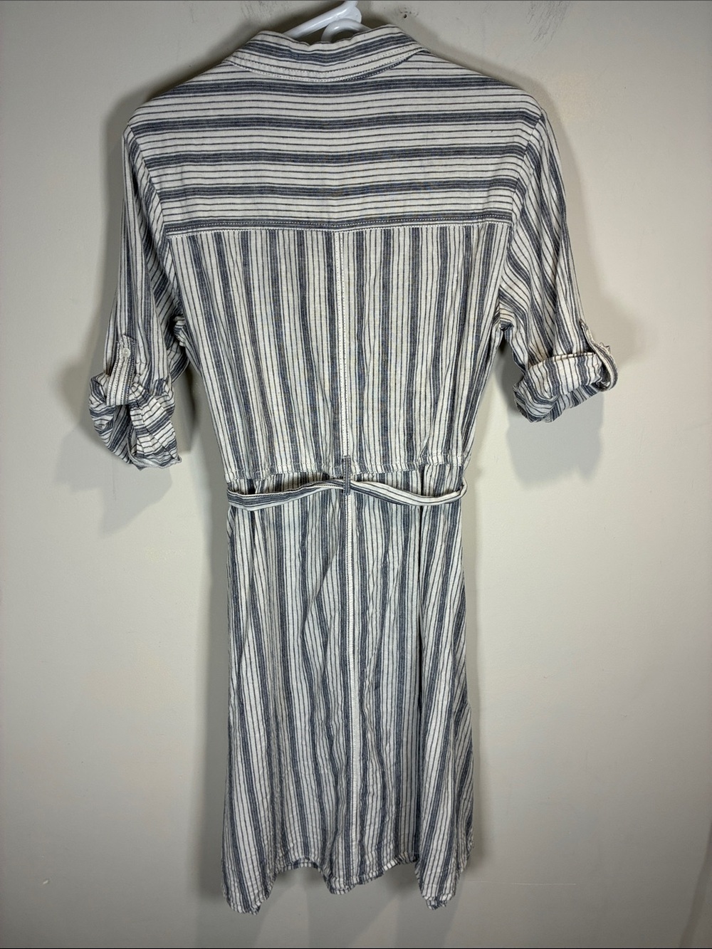 Max Studio Linen Blend Stripe Shirt Dress Blue White Tie Waist Large - Picture 6 of 7